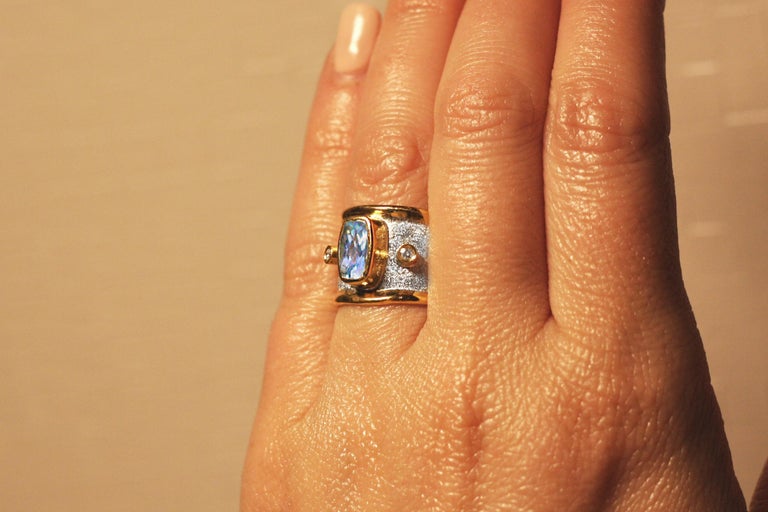 Midas Aquamarine Diamond Fine Silver 24 Karat Gold Ring