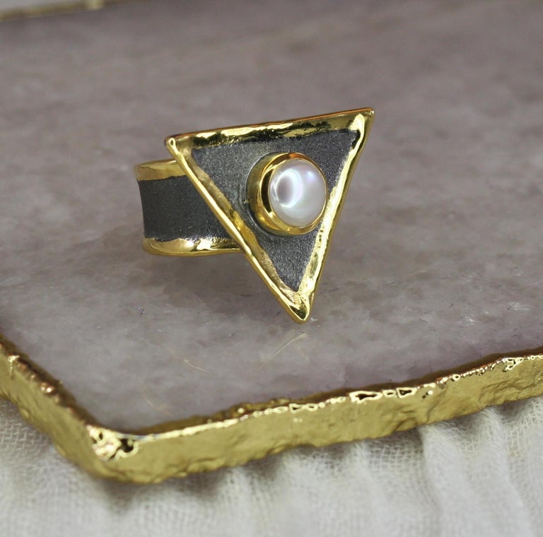 Hephestos Pearl Ring in Fine Silver with Black Ruthenium and 24 Karat Gold